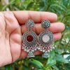 Round Mirror Oxidized Silver Beaded Jhumka Earrings
