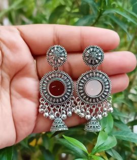 Round Mirror Oxidized Silver Beaded Jhumka Earrings