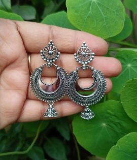 Moon Mirror Oxidized Silver Chandbali Jhumka Earrings