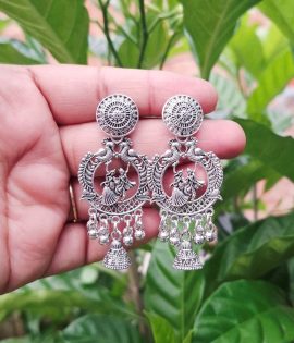 Jhumka Earrings – Small Oxidized Silver Lightweight Radha Krishna Design for Girls & Women