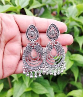 Jhumka Earrings – Small Oxidized Silver Lightweight Oval Shape Design for Girls & Women