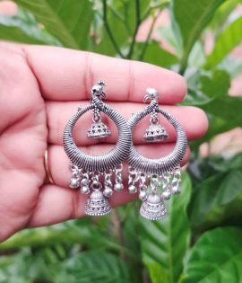 Peacock Shape Jhumka Earrings – Small Oxidized Silver Lightweight Peacock Feather Design for Girls & Women