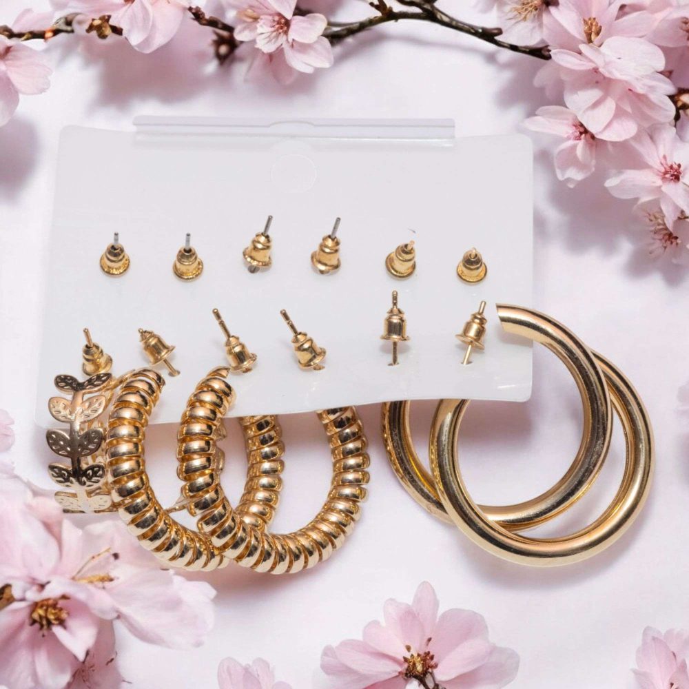 Celeb-Style Gold Korean Hoop & Dangle Earrings Set - Image 2
