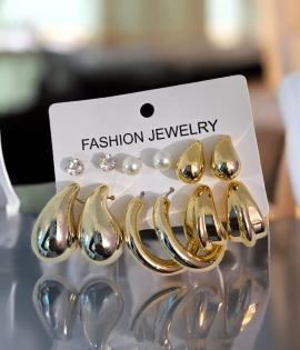 6-Piece Celebrity-Inspired Golden-Plated Hoop and Kaju Earrings Set with pearl stud for Women & Girls
