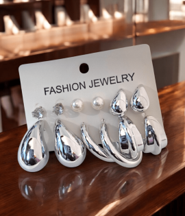 6-Piece Celebrity-Inspired Silver-Plated Hoop and Kaju Earrings Set with pearl stud for Women & Girls