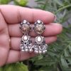 Silver & Gold Dual-Tone Oxidized Jhumki Earrings – Ethnic Dome Design for Girls & Women