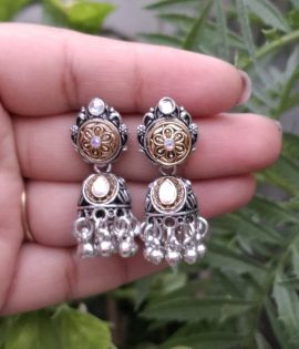 Silver & Gold Dual-Tone Oxidized Jhumki Earrings – Ethnic Dome Design for Girls & Women