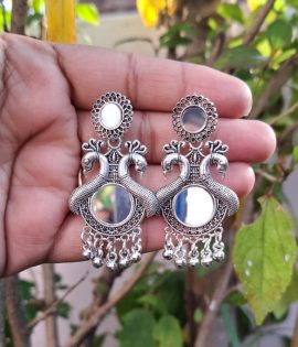 Small Oxidized Silver Jhumka Earrings – Lightweight Traditional Peacock Design for Girls & Women