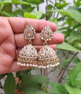 Traditional Gold Plated Jhumka Earrings with Pearl & Stone Work for Women