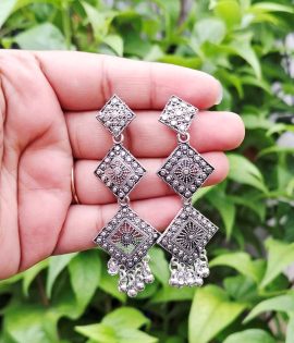 Small Oxidized Silver Jhumka Earrings – Lightweight Traditional Peacock Design for Girls & Women