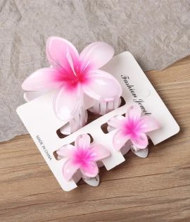 Hawaiian Plumeria Flower Hair Clips Gradient Color, Pack of 3, One Big and Two Small, Tropical Style for Summer Beach Parties